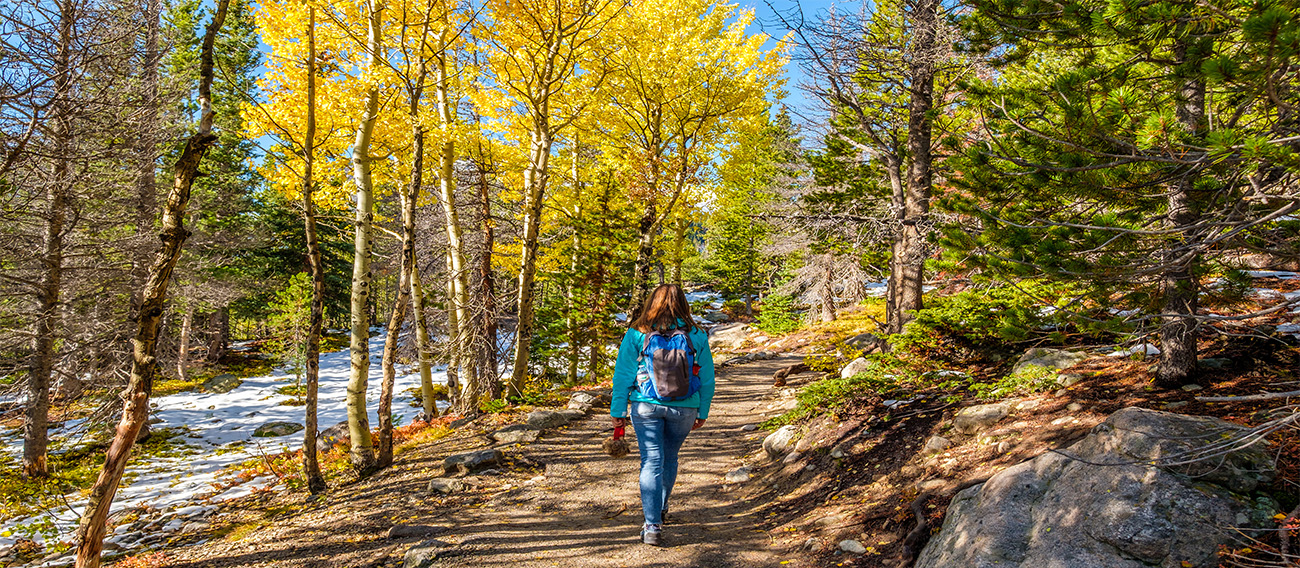 Women Hiking along trail in Autumn up Hunter Creek Trail