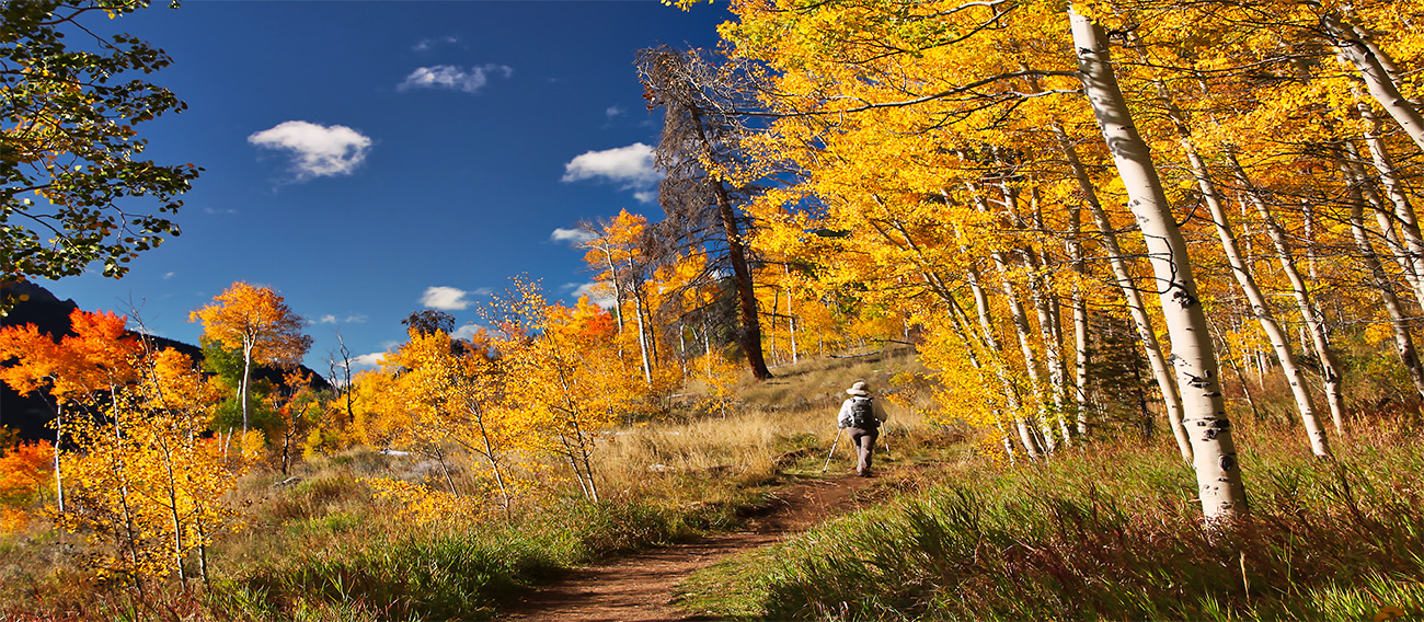 Man going up trail to Maroon Bells in Autumn alone 