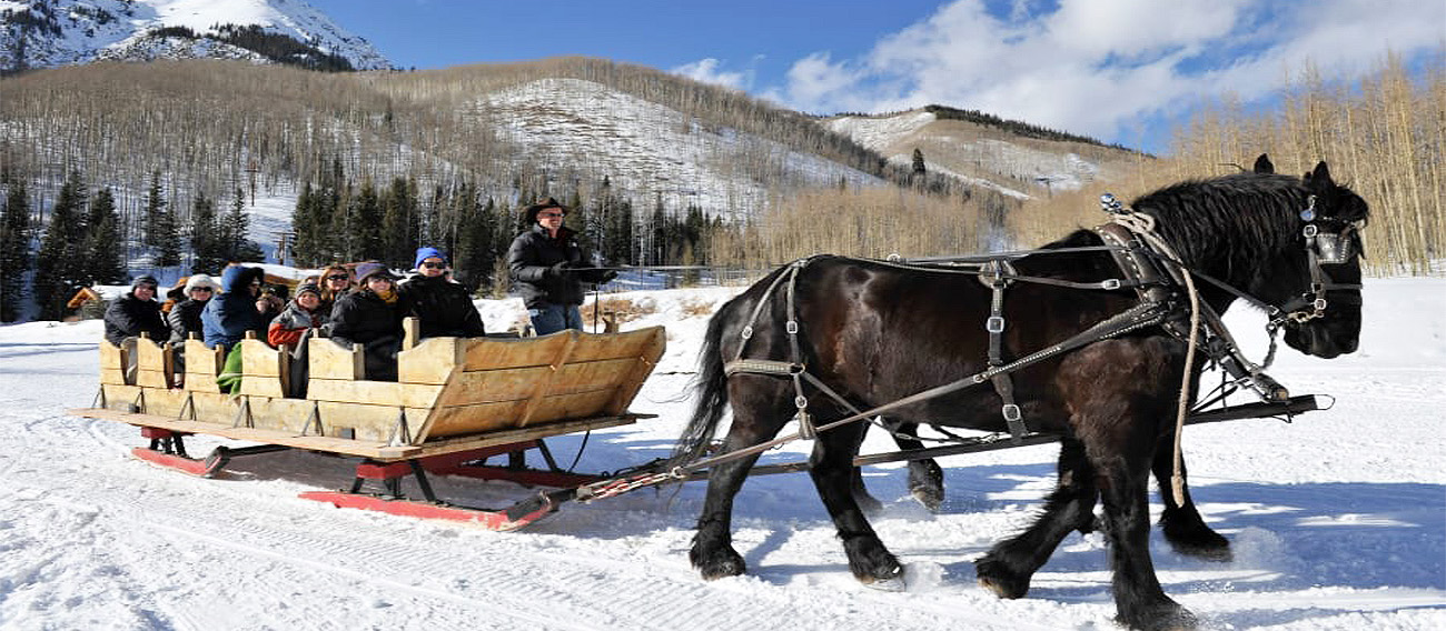 Group of people on a Sleigh Ride riding to Pine Creek Cookhouse in Aspen, Colorado 